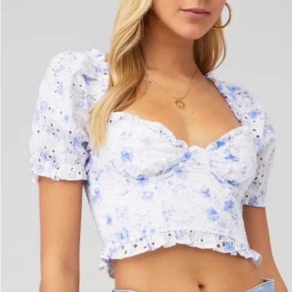 ASTR Feronia - Blue and White Floral Eyelet Blouse